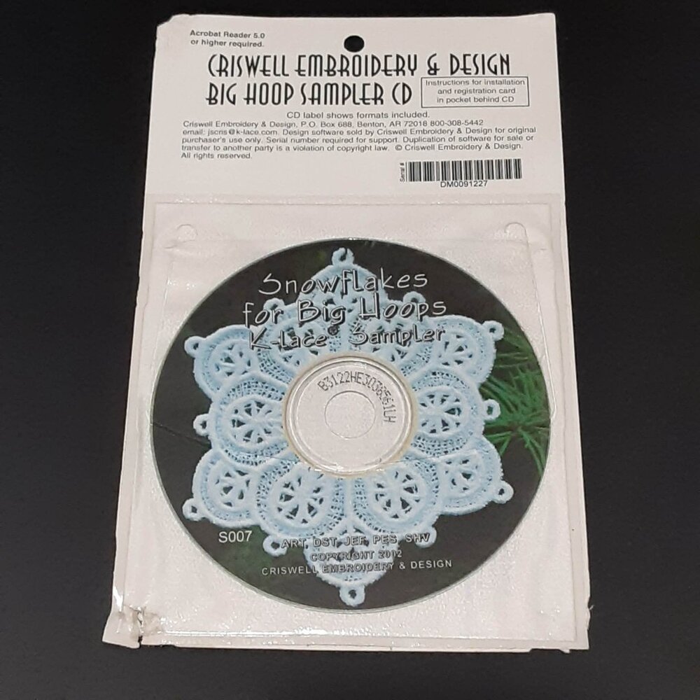 Criswell Embroidery & Design Snowflakes Big Hoops Sampler CD Software Vtg 2002